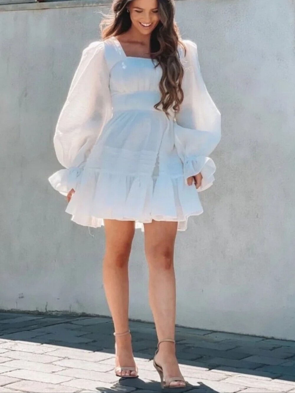 White Puff-Sleeve Square-Neck Mini Dress